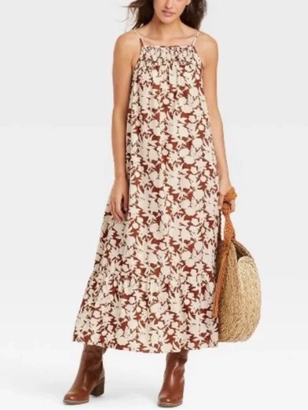 Universal Thread Cream & Brown Floral Spaghetti-Strap Maxi Dress 100% cotton